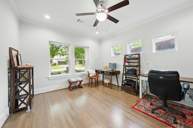 office area with crown molding, a ceiling fan, light wood finished floors, baseboards, and recessed lighting