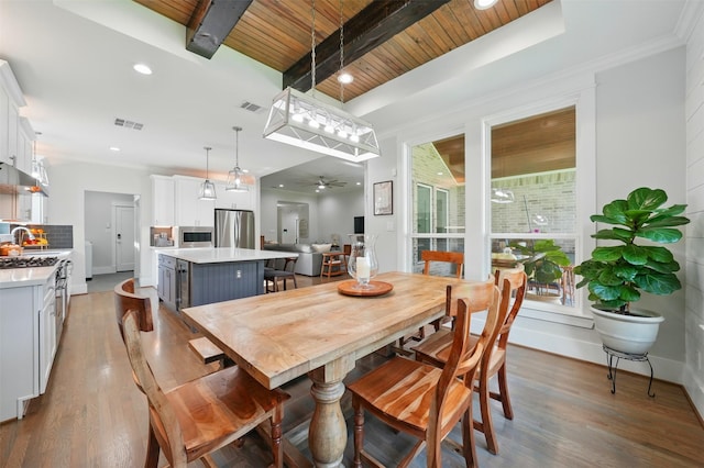 dining area with a ceiling fan, wooden ceiling, wood finished floors, baseboards, and recessed lighting