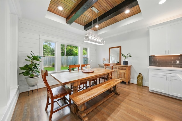 dining room with wood ceiling, light wood finished floors, beamed ceiling, and baseboards