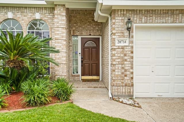 20714 Delta Wood Trl, Humble, TX 77346 - doorway to property featuring an attached garage, brick siding, and concrete driveway