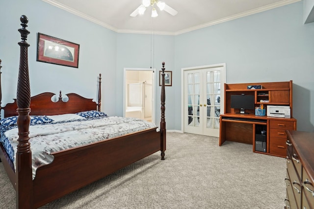 20714 Delta Wood Trl, Humble, TX 77346 - bedroom with french doors, ornamental molding, light colored carpet, baseboards, and a ceiling fan