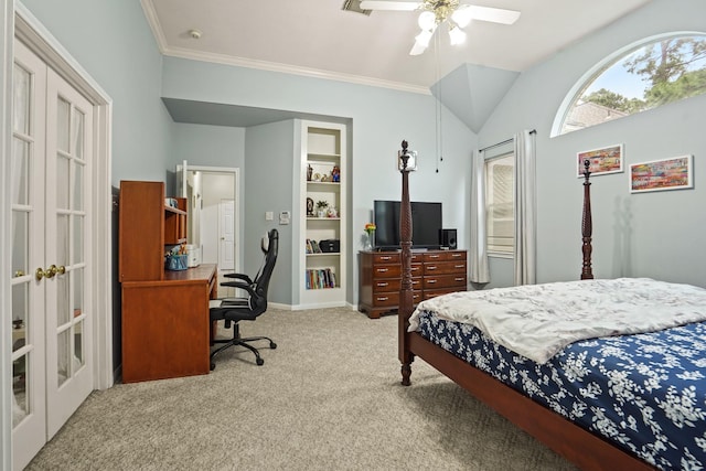 20714 Delta Wood Trl, Humble, TX 77346 - carpeted bedroom with an office area, ornamental molding, french doors, a ceiling fan, and lofted ceiling
