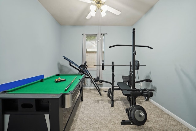 20714 Delta Wood Trl, Humble, TX 77346 - rec room featuring ceiling fan, carpet, and baseboards