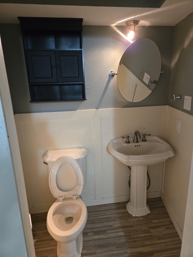 bathroom featuring a decorative wall, wood finished floors, and wainscoting