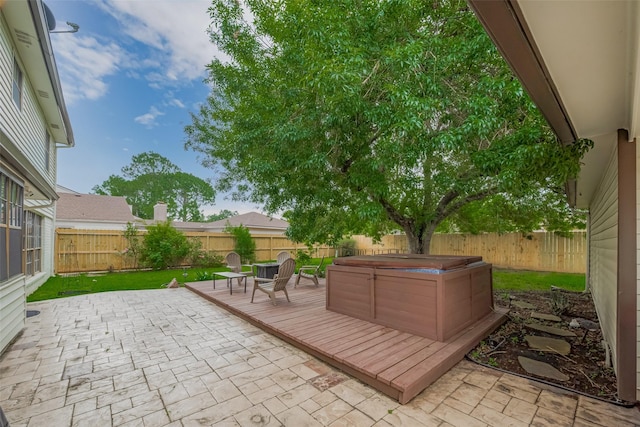 view of patio featuring a hot tub