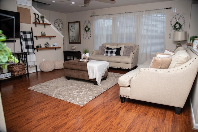 living room with wood finished floors, baseboards, ceiling fan, and recessed lighting
