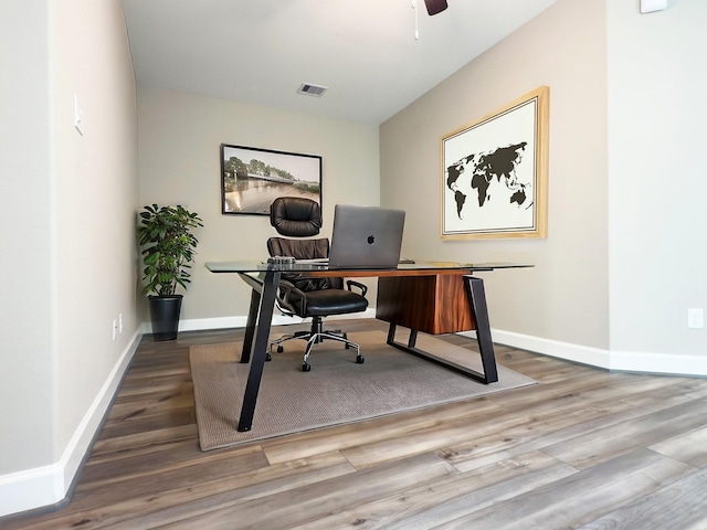 1438A Dian St, Houston, TX 77008 - office area featuring visible vents, wood finished floors, baseboards, and ceiling fan