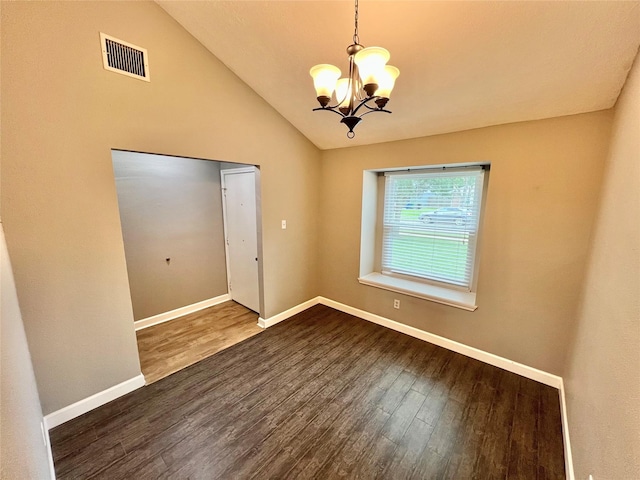 37 Ranch House Loop, Angleton, TX 77515 - empty room featuring visible vents, vaulted ceiling, dark wood-style floors, a notable chandelier, and baseboards