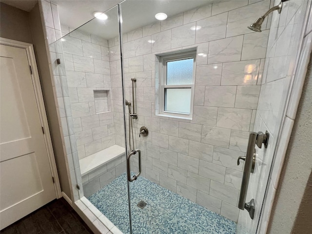 37 Ranch House Loop, Angleton, TX 77515 - full bath with a stall shower, recessed lighting, and wood finished floors