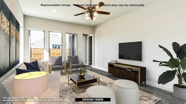 9714 Perdita Trl, Missouri City, TX 77459 - living room featuring baseboards, a ceiling fan, wood finished floors, and recessed lighting