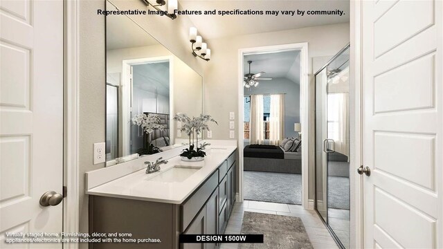 9714 Perdita Trl, Missouri City, TX 77459 - ensuite bathroom featuring ceiling fan, vaulted ceiling, double vanity, a shower stall, and tile patterned floors