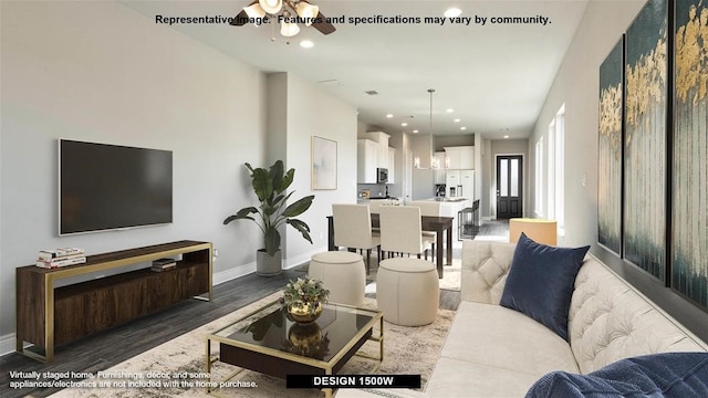 9714 Perdita Trl, Missouri City, TX 77459 - living room featuring wood finished floors, recessed lighting, baseboards, and ceiling fan