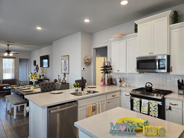 9714 Perdita Trl, Missouri City, TX 77459 - kitchen featuring appliances with stainless steel finishes, a sink, a peninsula, ceiling fan, and open floor plan