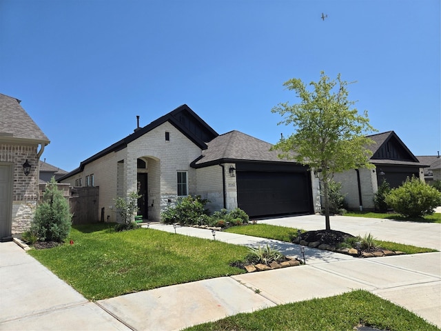 9714 Perdita Trl, Missouri City, TX 77459 - french country home featuring an attached garage, concrete driveway, and brick siding