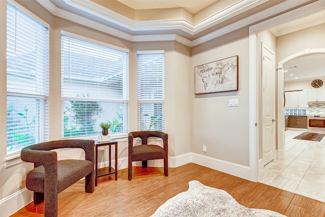 living area featuring arched walkways, baseboards, a healthy amount of sunlight, and light wood-type flooring