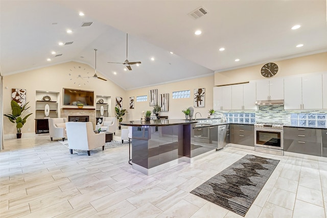 kitchen with a sink, under cabinet range hood, backsplash, open floor plan, and appliances with stainless steel finishes