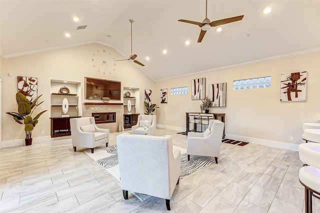 living area with a ceiling fan, a premium fireplace, recessed lighting, visible vents, and built in features