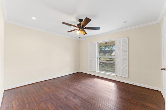empty room featuring a ceiling fan, baseboards, and dark wood-style floors