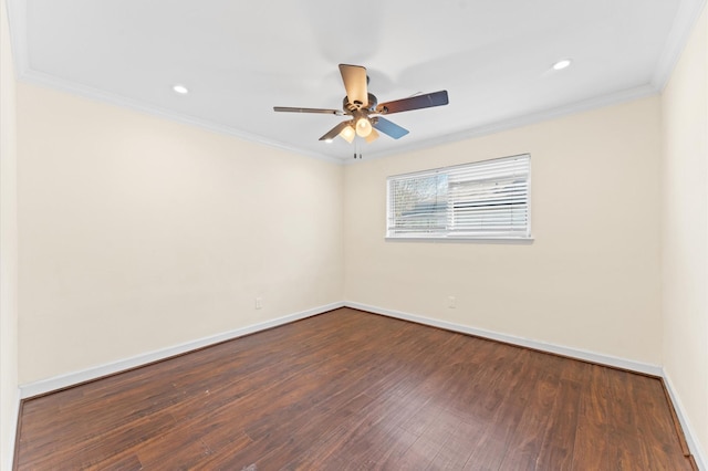 empty room with recessed lighting, dark wood-style flooring, crown molding, ceiling fan, and baseboards