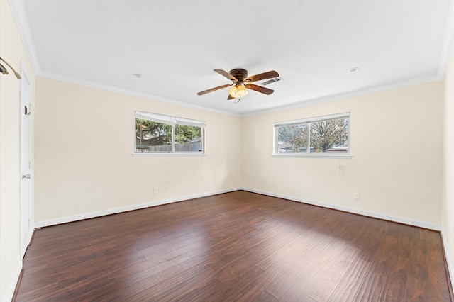 unfurnished room with a ceiling fan, baseboards, plenty of natural light, and wood finished floors