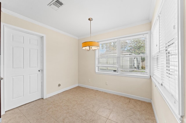 interior space with crown molding, light tile patterned floors, visible vents, and baseboards