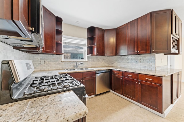 kitchen with a sink, tasteful backsplash, open shelves, and dishwasher