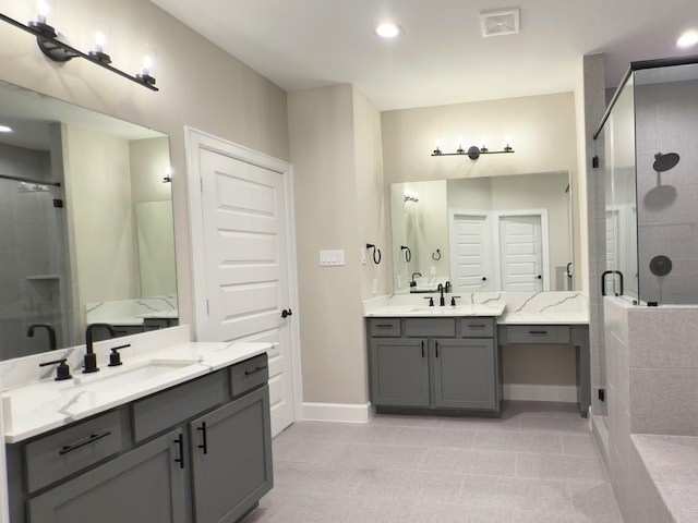 4307B Dickson St, Houston, TX 77007 - bathroom with baseboards, a shower stall, two vanities, tile patterned floors, and recessed lighting