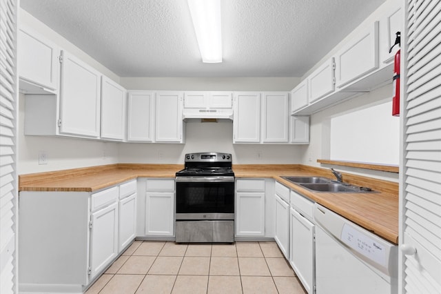 10001 Westpark Dr Unit 7, Houston, TX 77042 - kitchen featuring a sink, dishwasher, under cabinet range hood, white cabinetry, and stainless steel electric range oven