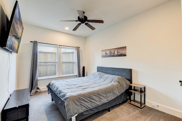 bedroom featuring ceiling fan, carpet, baseboards, and recessed lighting