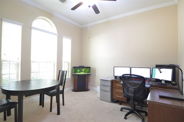 19923 Durwood Pines Ln, Cypress, TX 77433 - office area with crown molding, a ceiling fan, light colored carpet, and baseboards