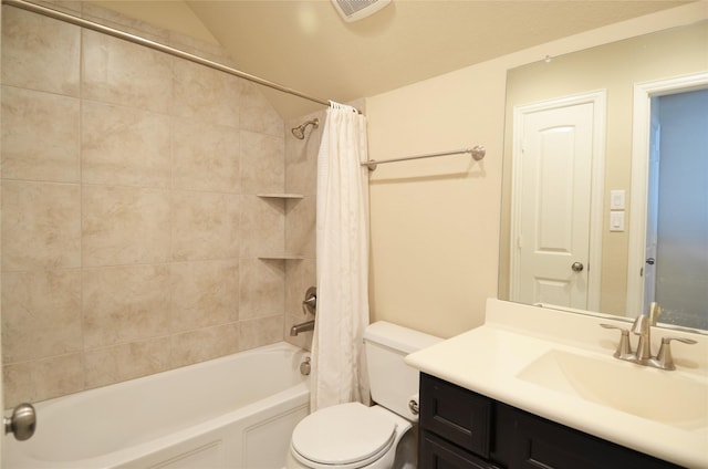 19923 Durwood Pines Ln, Cypress, TX 77433 - bathroom featuring shower / tub combo with curtain, vanity, toilet, and vaulted ceiling