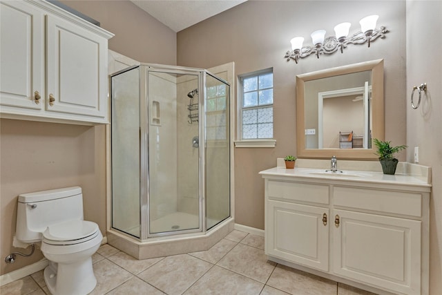 15050 Lake Paula Dr, Willis, TX 77318 - full bath featuring a shower stall, toilet, tile patterned floors, vanity, and baseboards