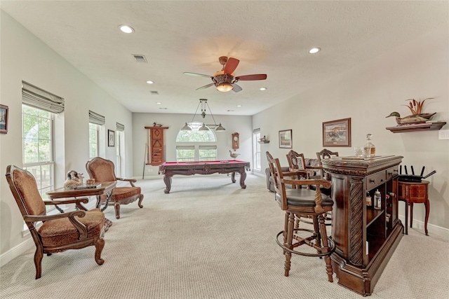 15050 Lake Paula Dr, Willis, TX 77318 - recreation room with light carpet, baseboards, billiards, recessed lighting, and ceiling fan