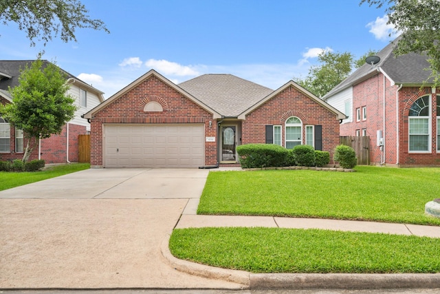 view of front of house featuring an attached garage, fence, concrete driveway, a front lawn, and brick siding