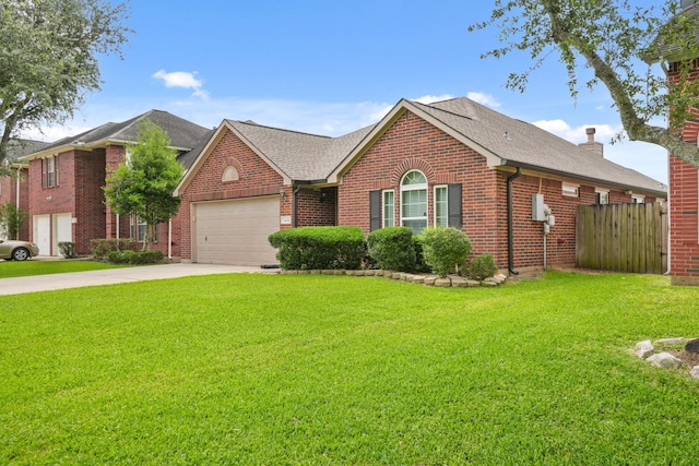 view of front of home featuring concrete driveway, brick siding, fence, and a front lawn
