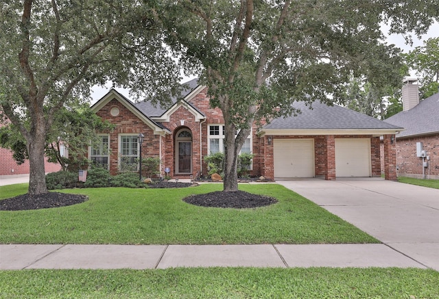 traditional-style house featuring an attached garage, brick siding, concrete driveway, a front yard, and a shingled roof