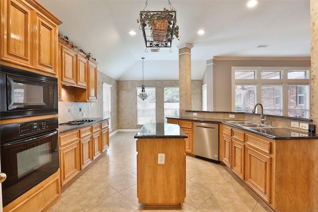 kitchen featuring lofted ceiling, a center island, a sink, decorative backsplash, and black appliances