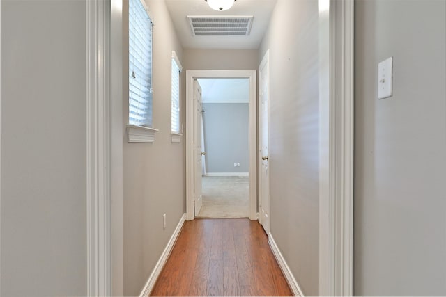 corridor featuring visible vents, wood finished floors, and baseboards