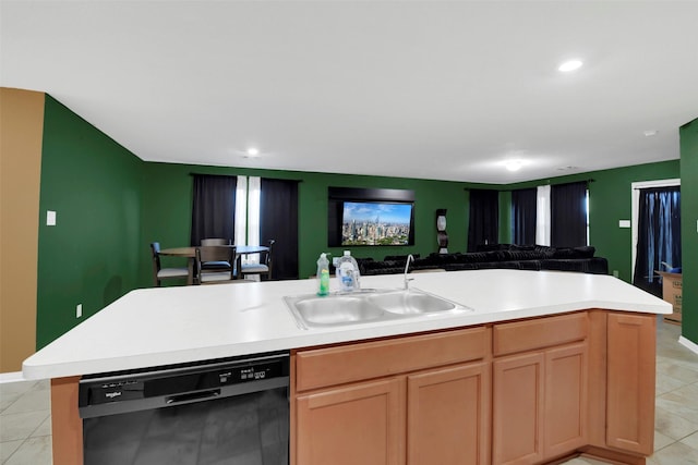 4826 Westfield Pines Dr, Katy, TX 77449 - kitchen with black dishwasher, open floor plan, a sink, light countertops, and light tile patterned floors