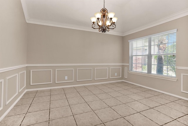 18239 Rustic Springs Dr, Tomball, TX 77375 - spare room featuring light tile patterned flooring, a chandelier, crown molding, a wainscoted wall, and a decorative wall