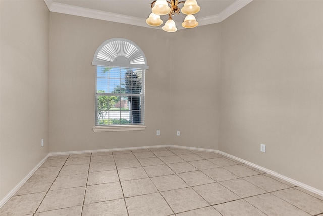 18239 Rustic Springs Dr, Tomball, TX 77375 - unfurnished room with a chandelier, ornamental molding, light tile patterned flooring, and baseboards