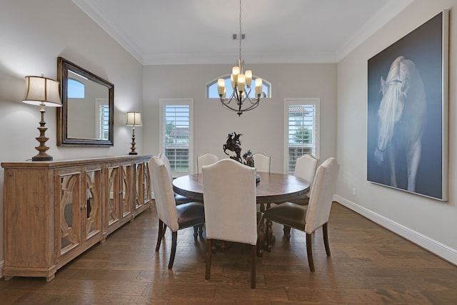 1614 Primrose Ln, Katy, TX 77493 - dining area with a chandelier, crown molding, dark wood-style floors, and baseboards