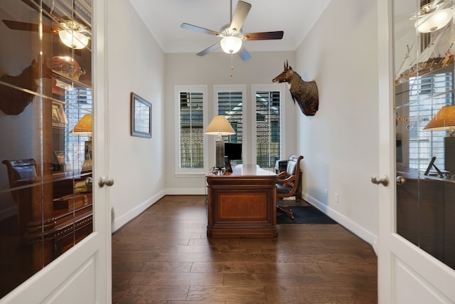 1614 Primrose Ln, Katy, TX 77493 - office with a ceiling fan, french doors, dark wood finished floors, baseboards, and ornamental molding