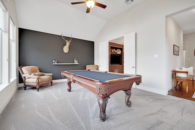 1614 Primrose Ln, Katy, TX 77493 - rec room with vaulted ceiling, a ceiling fan, carpet, baseboards, and billiards table