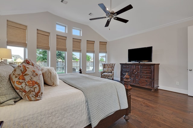 1614 Primrose Ln, Katy, TX 77493 - bedroom with vaulted ceiling, baseboards, dark wood-style flooring, a ceiling fan, and ornamental molding