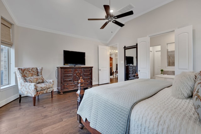 1614 Primrose Ln, Katy, TX 77493 - bedroom with vaulted ceiling, wood finished floors, ornamental molding, baseboards, and ceiling fan