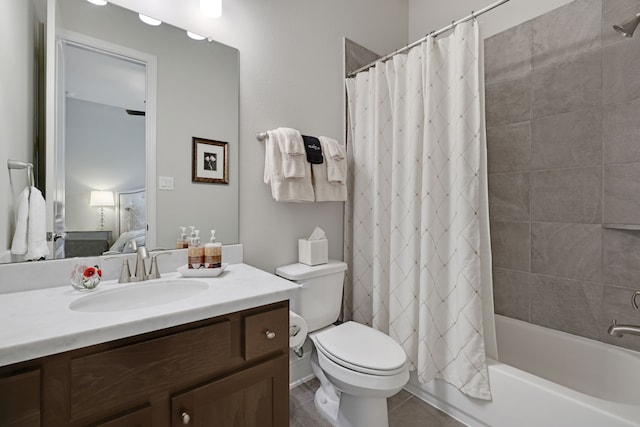 1614 Primrose Ln, Katy, TX 77493 - ensuite bathroom featuring toilet, vanity, tile patterned floors, and shower / bath combination with curtain
