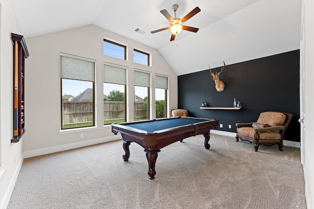 1614 Primrose Ln, Katy, TX 77493 - playroom with vaulted ceiling, a ceiling fan, carpet floors, pool table, and baseboards