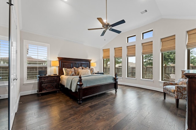 1614 Primrose Ln, Katy, TX 77493 - bedroom featuring vaulted ceiling, dark wood-type flooring, baseboards, ceiling fan, and ornamental molding