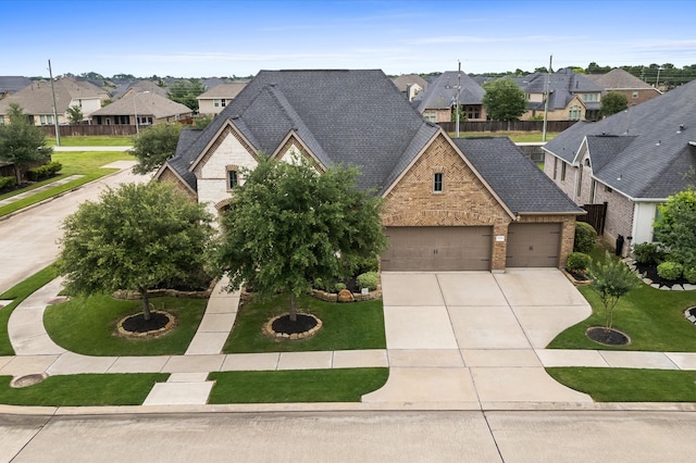 1614 Primrose Ln, Katy, TX 77493 - french provincial home with a residential view, brick siding, a garage, concrete driveway, and roof with shingles